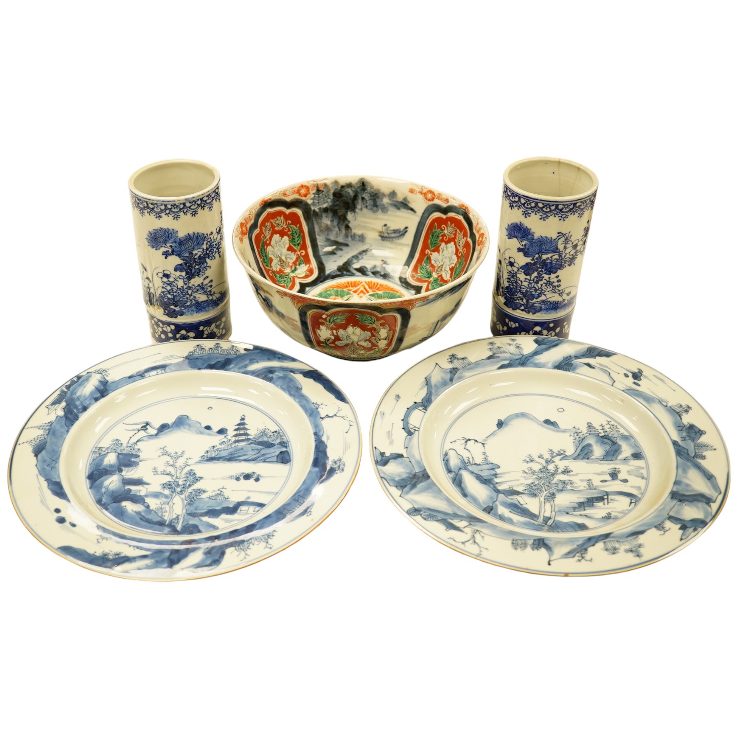 A pair of Chinese porcelain blue and white dishes, Kangxi, a pair of cylindrical vases and an Imari bowl (6). Condition - fair